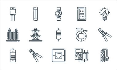 Elektrikçi aletleri ve çizgi simgeleri. Doğrusal küme. Güç şeridi, telefon soketi, pil, multimetre, kablo sökücü, trafo, balık, duvar soketi, fünye gibi kalite vektör dizileri