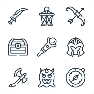 Video oyunu unsurları satır simgeleri. Doğrusal küme. Pusula, düşman, balta, kask, joystick, hazine, ok, fener gibi kalite vektör çizgisi