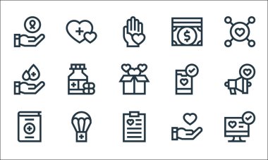 Yardım hattı simgeleri. Doğrusal küme. Masaüstü, pano, kitap, hayır kurumu, paraşüt, kan bağışı, akıllı telefon, para, hayır kurumu gibi kalite vektör dizileri