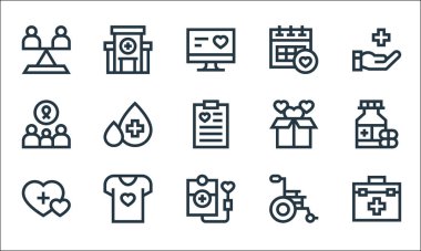 Yardım hattı simgeleri. Doğrusal küme. İlk yardım kiti, kan nakli, hayır kurumu, tekerlekli sandalye, kadın, destek, bağış, takvim, hastane gibi kalite vektör dizileri