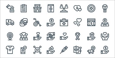 Yardım hattı simgeleri. Doğrusal küme. Kaliteli vektör çizgisi: Bağış, kan nakli, kan bağışı, kadın, barınak, yardım, ilk yardım kiti, hayır işi.