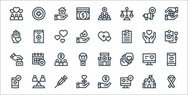 Yardım hattı simgeleri. Doğrusal küme. Kurdele, masaüstü, hayır kurumu, akıllı telefon, ağ, destek, kan nakli, hayır kurumu, kitap gibi kalite vektör dizileri