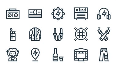 Rock 'n Roll çizgisi simgeleri. Doğrusal küme. Kaliteli vektör çizgisi: Pantolon, viski, kafatası, sahne, rock n roll, çakmak, disko topu, yükseltici, para