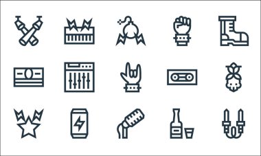 Rock 'n Roll çizgisi simgeleri. Doğrusal küme. Ses kriko, mikrofon, kaya, viski, enerji içeceği, para, kaset, el, klavye gibi kalite vektör dizileri