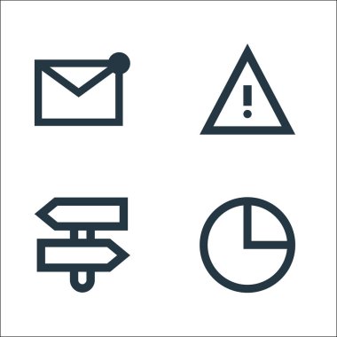 kullanıcı arayüzü satır simgeleri. Doğrusal küme. Pasta çizelgesi, yön, uyarı gibi kalite vektör çizgisi