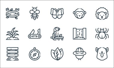 orman çizgisi simgeleri. Doğrusal küme. Gergedan, yaprak, kaşif şapkası, pusula, filiz, şelale, maymun, arı gibi kalite vektör dizileri