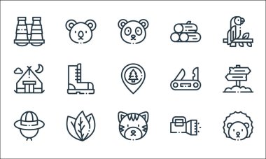 orman çizgisi simgeleri. Doğrusal küme. Kirpi, kaplan, kaşif şapkası, el feneri, yapraklar, kamp çadırı, İsviçre bıçağı, odun, koala gibi kalite vektör çizgisi