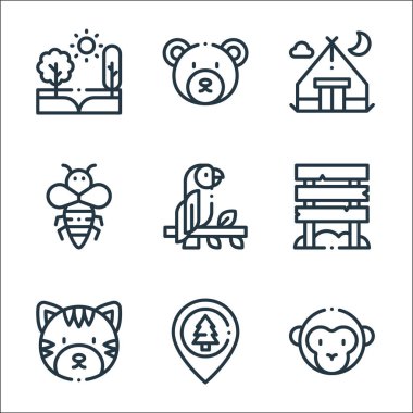 orman çizgisi simgeleri. Doğrusal küme. Maymun, orman, kaplan, papağan, arı, kamp çadırı, ayı gibi kalite vektör çizgisi