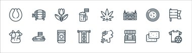 Holland Hattı ikonları. Doğrusal küme. Tişört, peynir pazarı, Amsterdam, inek, beschuit, muisjes, lale, marihuana, bira gibi kalite vektör dizileri