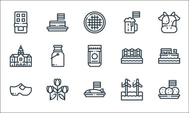 Holland Hattı ikonları. Doğrusal küme. Bitterballen, ringa balığı, takunya, rüzgar çiftliği, laleler, kraliyet sarayı, kabarcık işareti, bira, tompouce gibi kalite vektör dizileri