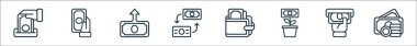 Para çizgisi simgeleri. Doğrusal küme. Mal varlığı, para çekme, yatırım, cüzdan, döviz kuru, mevduat, ödeme gibi kalite vektör çizgisi