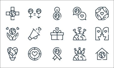 Dünya aşk çizgisi simgeleri. Doğrusal küme. Ev, kurdele, hava balonu, feminizm, hedef, dünyayı, dünyayı, konuşmayı, cinsiyeti kurtarmak gibi kalite vektör çizgileri