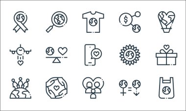 Dünya aşk çizgisi simgeleri. Doğrusal küme. Plastik torba, aile, feminizm, cinsiyet, birlikte, yardım, çiçek, bağlantı, arama gibi kalite vektör çizgisi