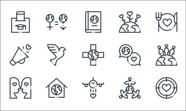 Dünya aşk çizgisi simgeleri. Doğrusal küme. Hedef, yardım, aşk, dünya çapında, ev, megafon, konuşma, toprak, cinsiyet gibi kalite vektör çizgisi