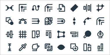 Grafik tasarım çizgisi simgeleri. Doğrusal küme. Hizalama, birleşme, grafik aracı, yükseklik, arama, döndürme, okşa, okşa gibi kalite vektör çizgisi kümesi