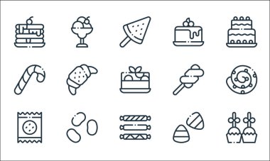 Tatlı çizgisi simgeleri. Doğrusal küme. Tatlı, şeker, bisküvi, mısır şekeri, jelibon, şeker kamışı, lokum, pasta, dondurma gibi kalite vektör dizileri