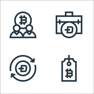 Kripto para birimi çizgisi simgeleri. Doğrusal küme. kalite vektör çizgisi: bitcoin, tire, evrak çantası