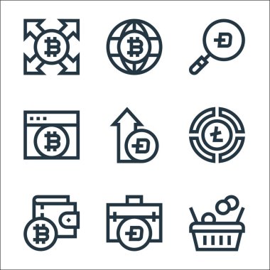 Kripto para birimi çizgisi simgeleri. Doğrusal küme. Alış veriş arabası, evrak çantası, cüzdan, pasta çizelgesi, bitcoin, tarayıcı, bitcoin, dünya