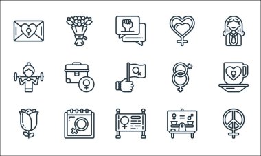 Kadınların gündüz çizgisi simgeleri. Doğrusal küme. Barış, gül, sunum, takvim, kadın, kalp gibi kalite vektör çizgisi,