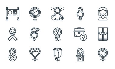 Kadınların gündüz çizgisi simgeleri. Doğrusal küme. Dünya, gül, sekiz, konuşma, kalp, kurdele, evrak çantası, ayna gibi kalite vektör çizgisi