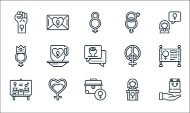 Kadınların gündüz çizgisi simgeleri. Doğrusal küme. Hediye, evrak çantası, sunum, konuşma, kalp, taç, barış, mektup gibi kalite vektör satırı