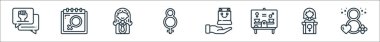 Kadınların gündüz çizgisi simgeleri. Doğrusal küme. Sekiz gibi kalite vektör çizgisi, konuşma, sunum, hediye, kadın, takvim