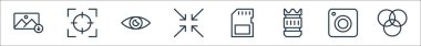 Fotoğraf çizgisi simgeleri. Doğrusal küme. Renkler, webcam, kamera lensi, sim, minimize, görünüm, odaklanma gibi kalite vektör çizgisi