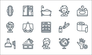 Hijyen çizgisi simgeleri. Doğrusal küme. Mikrop, tıraş, faraş, ayna, sprey şişesi, yüz maskesi, tırnak makası, cilt bakımı, duş alma gibi kalite vektör dizileri