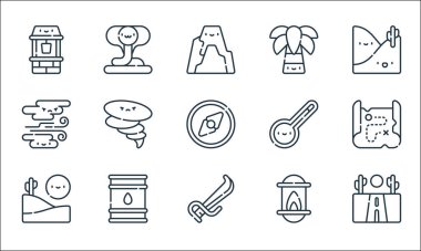 Çöl çizgisi ikonları. Doğrusal küme. Yol, kılıç, çöl, gaz lambası, yağ fıçısı, kum fırtınası, termometre, palmiye ağacı, kobra gibi kalite vektör çizgisi