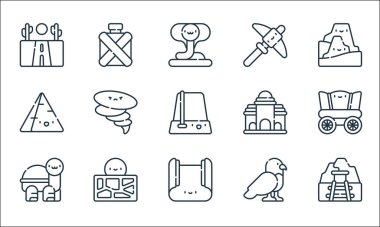 Çöl çizgisi ikonları. Doğrusal küme. Benimki gibi kalite vektör çizgisi seti, halı, kaplumbağa, kartal, kuraklık, piramit, bina, toplama, kantin