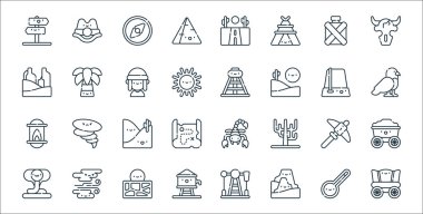 Çöl çizgisi ikonları. Doğrusal küme. Vagon, dağ, su tankı, kobra, kum, kartal, petrol kuyusu, palmiye ağacı gibi kalite vektör çizgisi