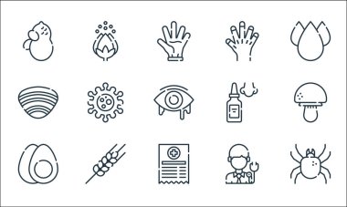 Alerji çizgisi simgeleri. Doğrusal küme. Mat, tıbbi reçete, yumurta, doktor, buğday bitkisi, istiridye, burun spreyi, siyanoz, polen gibi kalite vektör dizileri