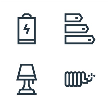 Elektrikçi aletleri ve çizgi simgeleri. Doğrusal küme. bakır kablo, masa lambası, enerji sınıfı gibi kalite vektör çizgisi