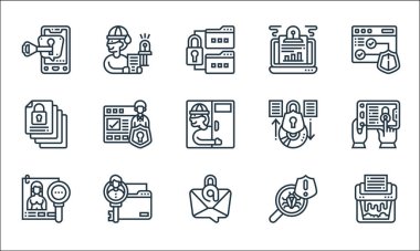 Gizli bilgi satırı simgeleri. Doğrusal küme. Shder, gizli e- posta, kişisel bilgi, antivirüs, kişisel bilgi, arşiv, koruma, izleme gibi kalite vektör dizileri,