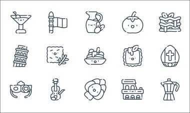 İtalya çizgi simgeleri. Doğrusal küme. Kahve, enginar, göz maskesi, kolezyum, keman, pisa kulesi, ravioli, domates, İtalya gibi kalite vektör dizileri