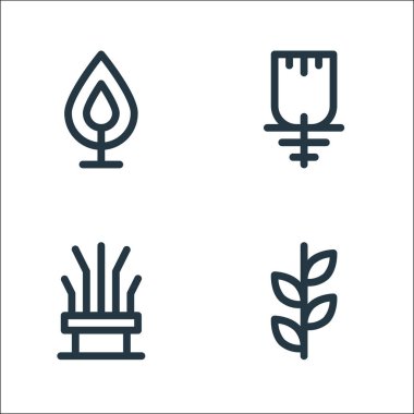 Ağaç ve bitki çizgisi simgeleri. Doğrusal küme. Yapraklar, kuru ağaç, çiçek gibi kalite vektör çizgisi