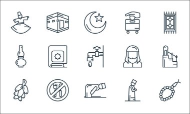 Ramazan çizgi simgeleri. Doğrusal küme. Boncuk, ruku, hurma, müslüman, oruç, yağ lambası, müslüman, sadaka, kaaba gibi kalite vektör dizileri