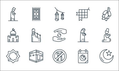 Ramazan çizgi simgeleri. Doğrusal küme. Hilal, oruç, hizb, takvim, kabe, cami, muslimah, tespih, halı gibi kalite vektör çizgisi