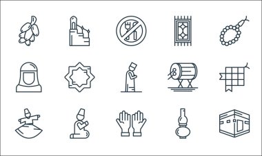 Ramazan çizgi simgeleri. Doğrusal küme. Kabe, dua, dans, yağ lambası, müslüman, muslimah, davul, halı, minber gibi kalite vektör dizileri