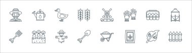 tarım çizgisi simgeleri. Doğrusal küme. Çit, gübre, kürek, yaba, yumurta, ördek, yel değirmeni, su kovası gibi kalite vektör çizgisi
