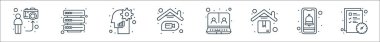 ev çizgisi simgeleri. Doğrusal küme. Görev, bildirim, dağıtım, görüntü çağrısı, görüntü çağrısı, düşünme, veritabanı gibi kalite vektör çizgisi