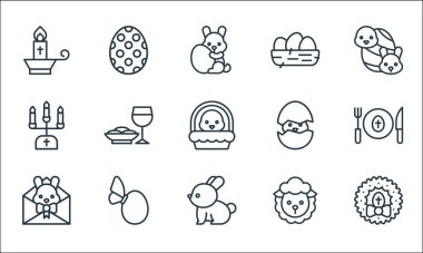 Paskalya çizgisi simgeleri. Doğrusal küme. Çelenk, tavşan, harf, koyun, yumurta, mum, civciv, yuva, paskalya yumurtası gibi kalite vektör çizgisi
