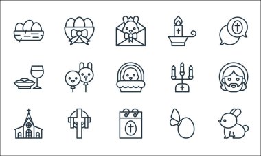 Paskalya çizgisi simgeleri. Doğrusal küme. Tavşan, Paskalya Günü, kilise, yumurta, haç, ayin, şamdan, mum, yumurta gibi kalite vektör dizileri