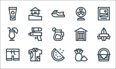 Yaz çizgisi simgeleri. Doğrusal küme. Piknik sepeti, karpuz, mayo, ananas, Hawaii gömleği, yaz, giyinme odası, yelpaze, deniz gibi kalite vektör dizileri