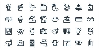 Yaz çizgisi simgeleri. Doğrusal küme. Bagaj, mayo, su tabancası, dalış maskesi, yaz, bira, güneş gözlüğü, pamela şapkası, dondurma gibi kalite vektör dizileri