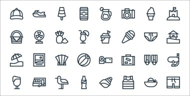 Yaz çizgisi simgeleri. Doğrusal küme. Mayo, tişört, kola, bira, yüzgeç, kabuk, deniz, plaj, yelpaze gibi kalite vektör dizileri