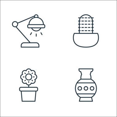 İç mekan çizgisi simgeleri. Doğrusal küme. Vazo, saksı, kaktüs gibi kalite vektör çizgisi