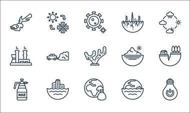 İklim değişikliği çizgisi simgeleri. Doğrusal küme. Ampul, toprak, karbon dioksit, sel, sel, fabrika, güney kutbu, kuraklık, iklim değişikliği gibi kalite vektör dizileri