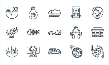 İklim değişikliği çizgisi simgeleri. Doğrusal küme. Küresel ısınma, kamyon, kuraklık, güneş sistemi, su kirliliği, mercan resifi, geri dönüşüm, yakıt istasyonu, ampul gibi kalite vektör çizgisi