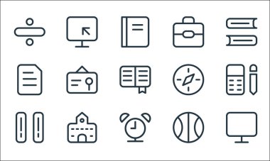 Okul eğitim çizgisi simgeleri. Doğrusal küme. Görünüm, alarm saati, dizinler, top, bina, belge, pusula, okul çantası, bilgisayar gibi kalite vektör dizileri